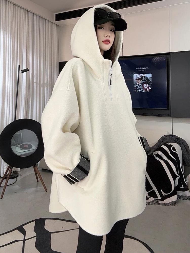 

Худи в стиле колор-блок на молнии до середины для женщин в корейском стиле - Осень/Зима 2025, свободный дизайн средней длины Medium белый