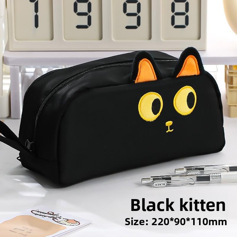 Cute Black Cat Plush Embroidery Pen Case Large Capacity Stationery Storage For Students