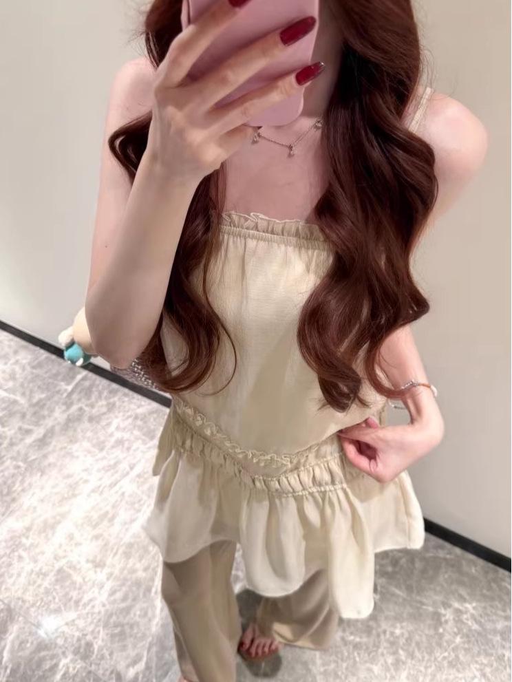 Lace Spliced A-Line Skirt & Camisole Pleated Dress - Slim-fit, Cinched Waist, Layered Vacation Style
