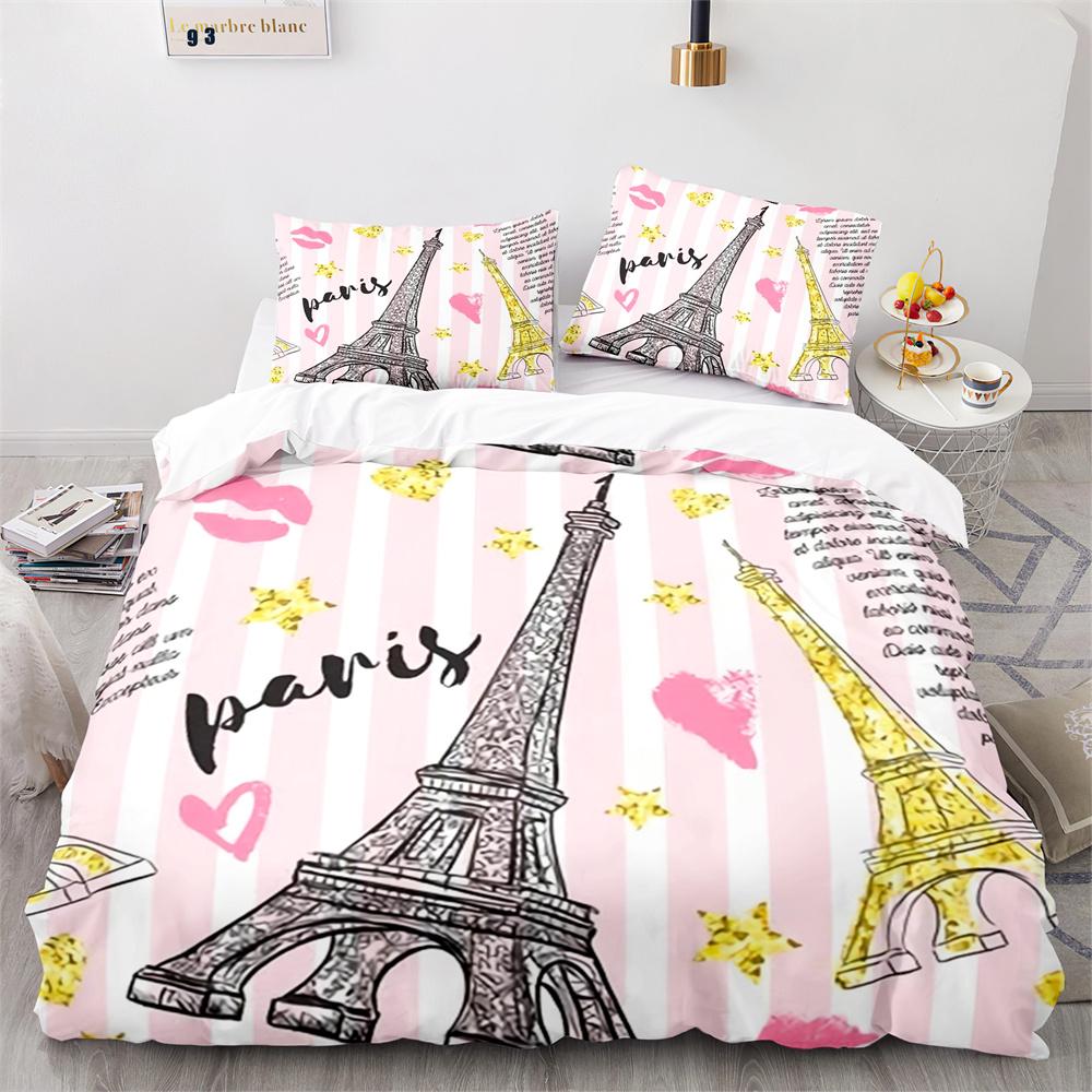 Paris Eiffel Tower Themed Couple Duvet Cover Set Cityscape Comforter Cover Romantic Polyester Bedspread Cover Pink Floral King