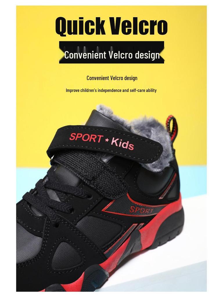 Boys' Velcro Sports Shoes: Warm Cotton, Plus Velvet, Winter 2025 Style for Older Kids and Elementary Students.
