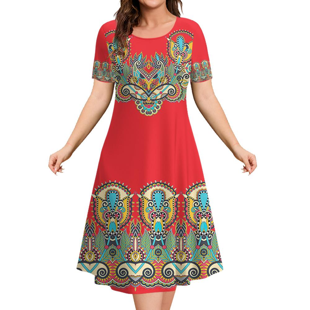 Ethnic Style Women's A-line Skirt Summer Fashion Casual Dress Flower Clothes Ladies Loose Casual Round Neck Dress