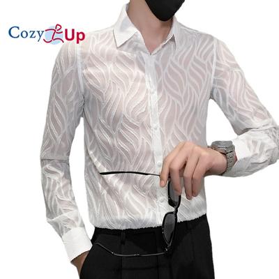 British Style Long Sleeve Shirt Slim Hollow Lace Solid Color Men