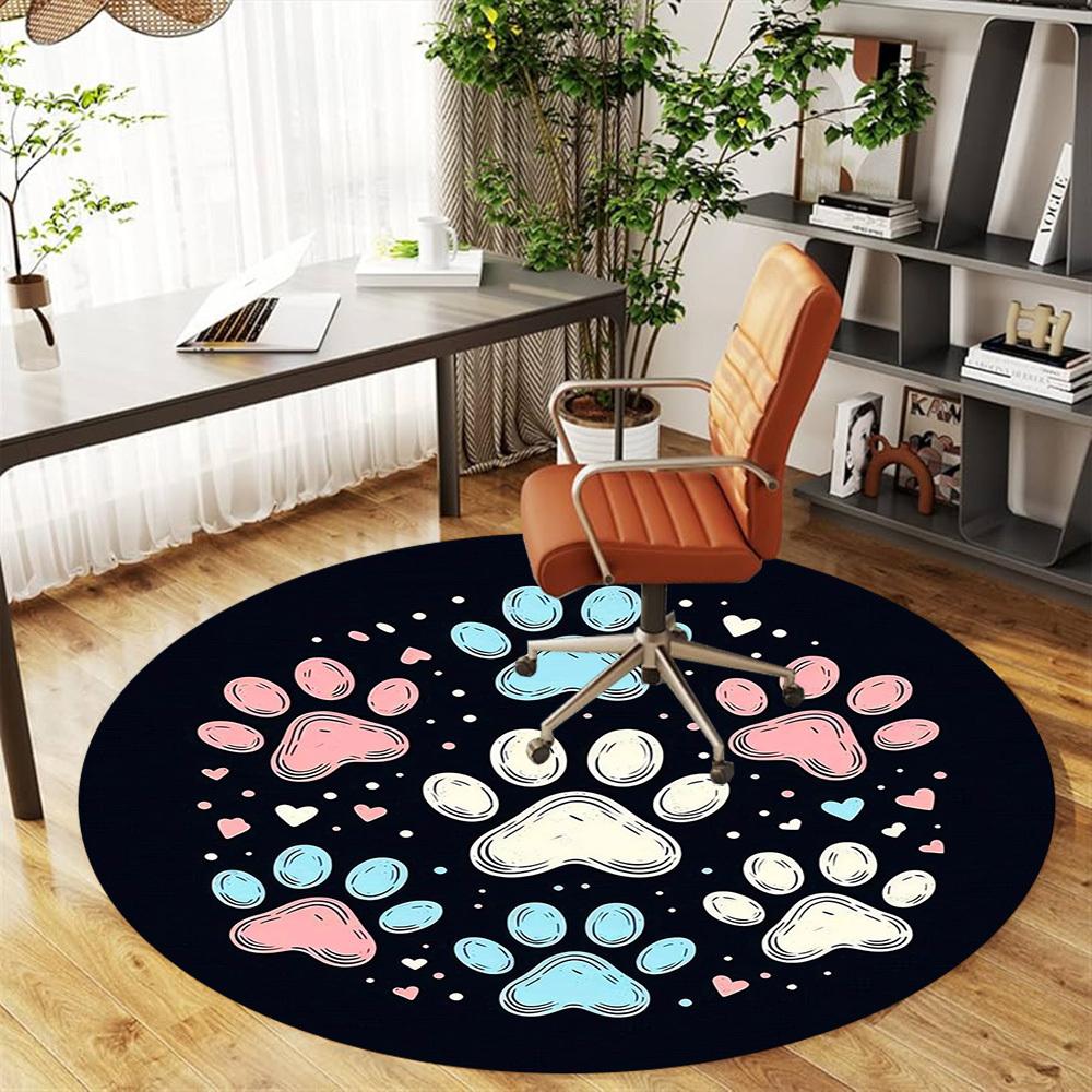 1pc Paw Prints Hearts Round Chair Mat Area Rug - Non-Slip, Floor Mat for Office, Bedroom, and Indoor Decor -1002158