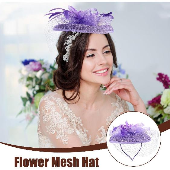 UPKOCH Wedding Decorative Hat with Floral Mesh Bridal Headpiece Purple for Women Special Occasion Tea Party Hair Accessory