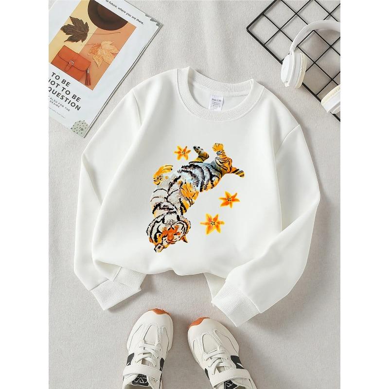 Girls' Crewneck Sweatshirt - Tiger Lying with Stars Machine Washable, Spring And Autumn, Sportswear And Casual Wear