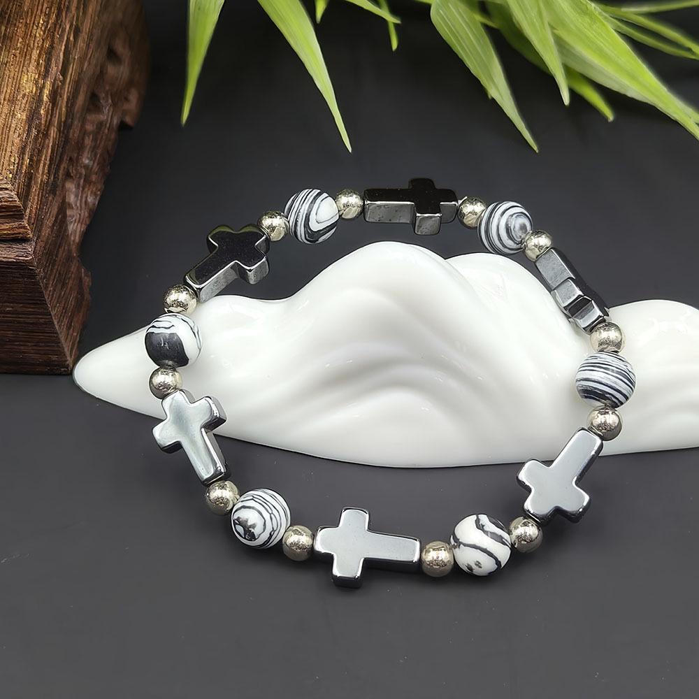 Black Hematite Cross Beaded Bracelet with Wooden Beads - Unisex Handmade String Accessory