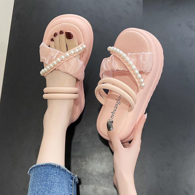 fashion Women Pearl Wedge Sandals Summer 2024 Chunky Platform Slippers for Woman Thick Bottom Beach Flip Flops Gladiator Sandalias Mujer