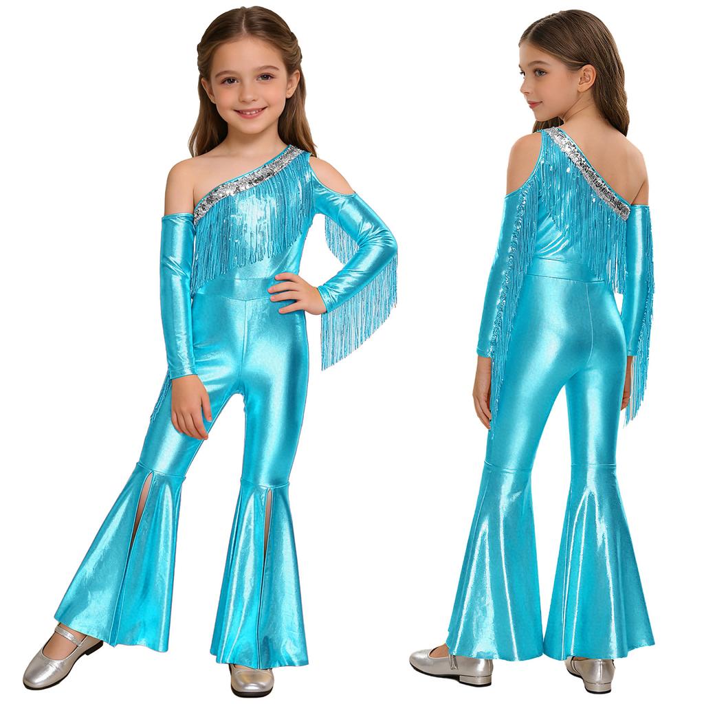 Girls Pageant & Stage Romper: Metallic Shiny Off Shoulder Jumpsuit with Sequin Tassels & Bell Bottom Legs for Disco