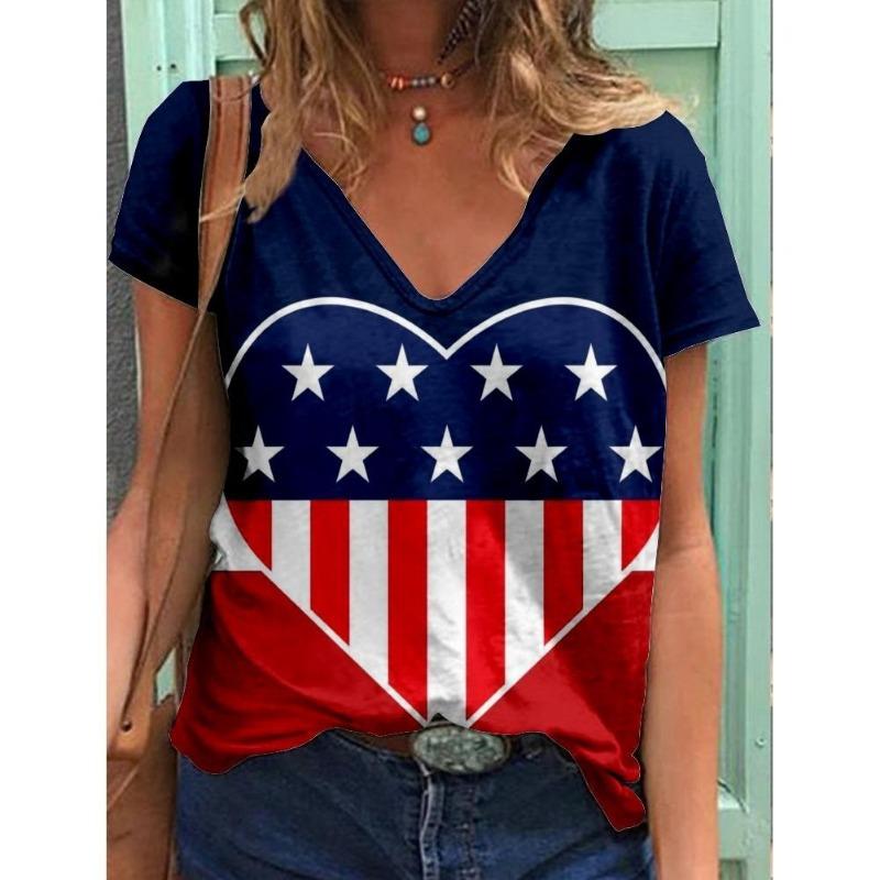 Sommer Damen 3D Digital bedrucktes V-Ausschnitt Kurzarm T-Shirt