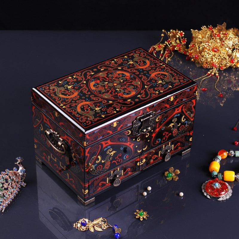 Vintage Chinese Lacquer Jewelry Box Han Pattern Classical Wooden Gift Box Luxury Storage