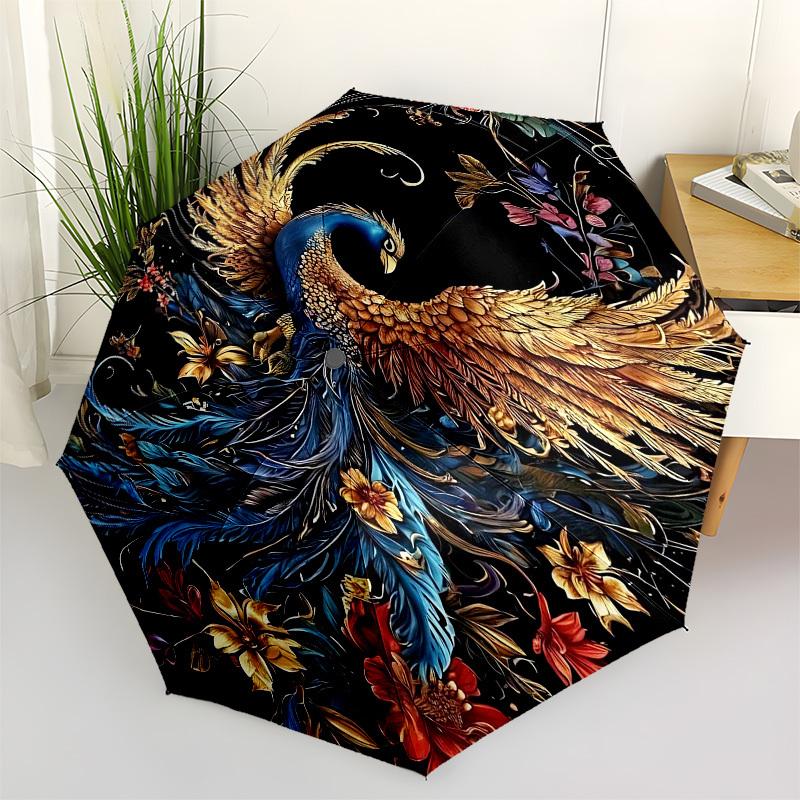 1pc Phoenix FlowersOpen/Close Umbrella-Windproof, Compact Travel Umbrella, Sturdy 8-Rib Shaft, Outdoor Accessory1211
