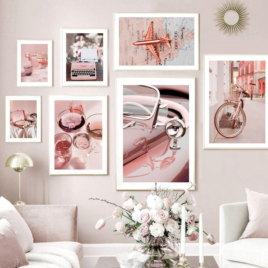 Pink Vintage Canvas Paitning Wall Poster and Prints Typewriter Bike Fashion Car Goblet Modern Wall Art Pictures for Living Room