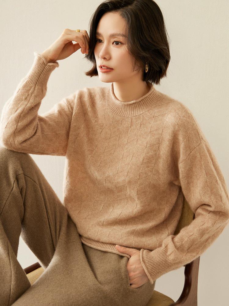 Rolled-Edge Semi-High Neck Cashmere Sweater, 2025 Autumn/Winter Women's Jacquard Knit Pullover