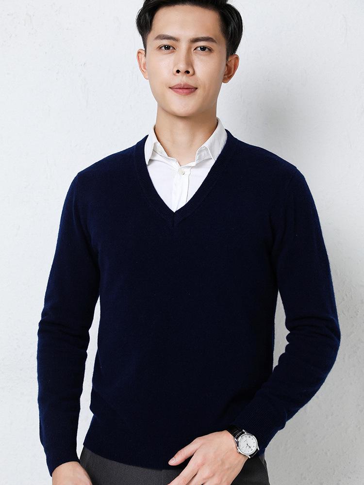 Cross2025 Men's V-Neck Knitwear: Autumn/Winter Loose Wool Pullover, Casual Business Solid Color, Long Sleeve