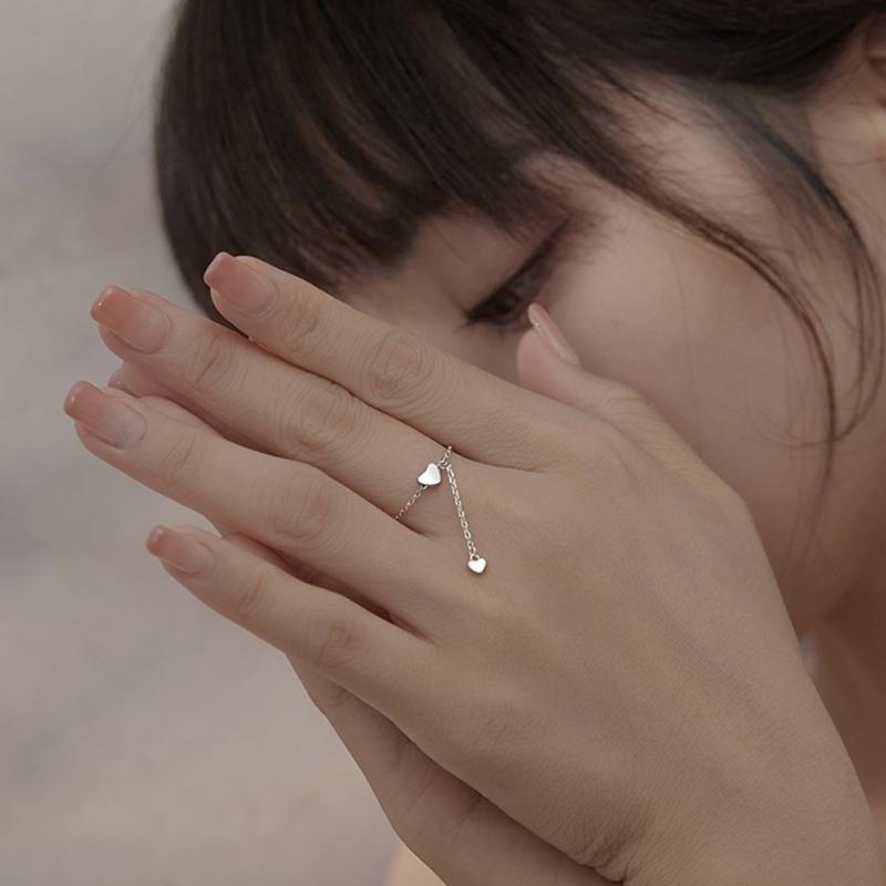 Einfache Herz Quaste Verstellbare Ringe Silberfarbe Kette Anhänger Ring Romantische Kreisringe Frauen Mädchen Fingerschmuck