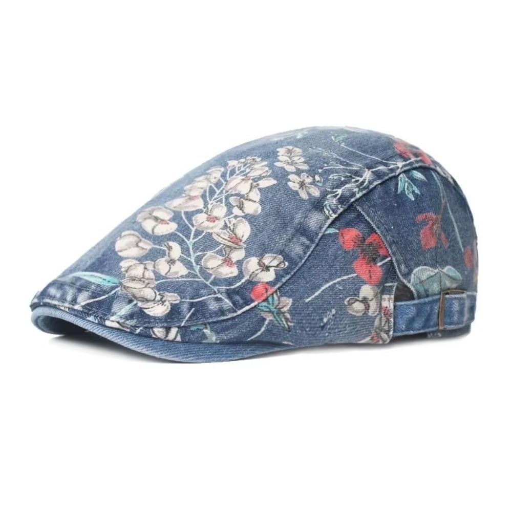 Ethnic Style Flower Print Beret Hat Thin Breathable Artistic Hat Washed Denim Adjustable Peaked Cap Women Men