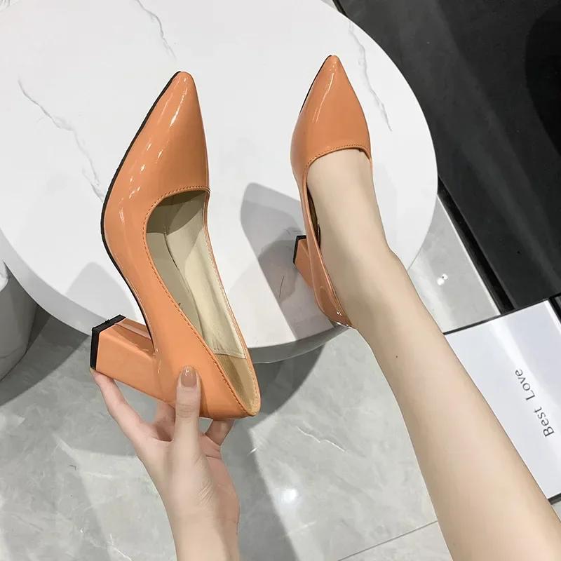 Fashion Patent Leather PU Woman Pumps 10cm Square Heels Sexy Party Pointed Toe Luxury Women's Shoes Super Big Size 35-43