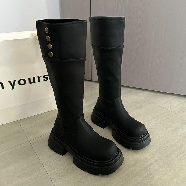 Genuine leather~ Jiaoyu pleated piled boots can be folded twice, brown long boots, thick heels and thick soles, but knee knight boots.