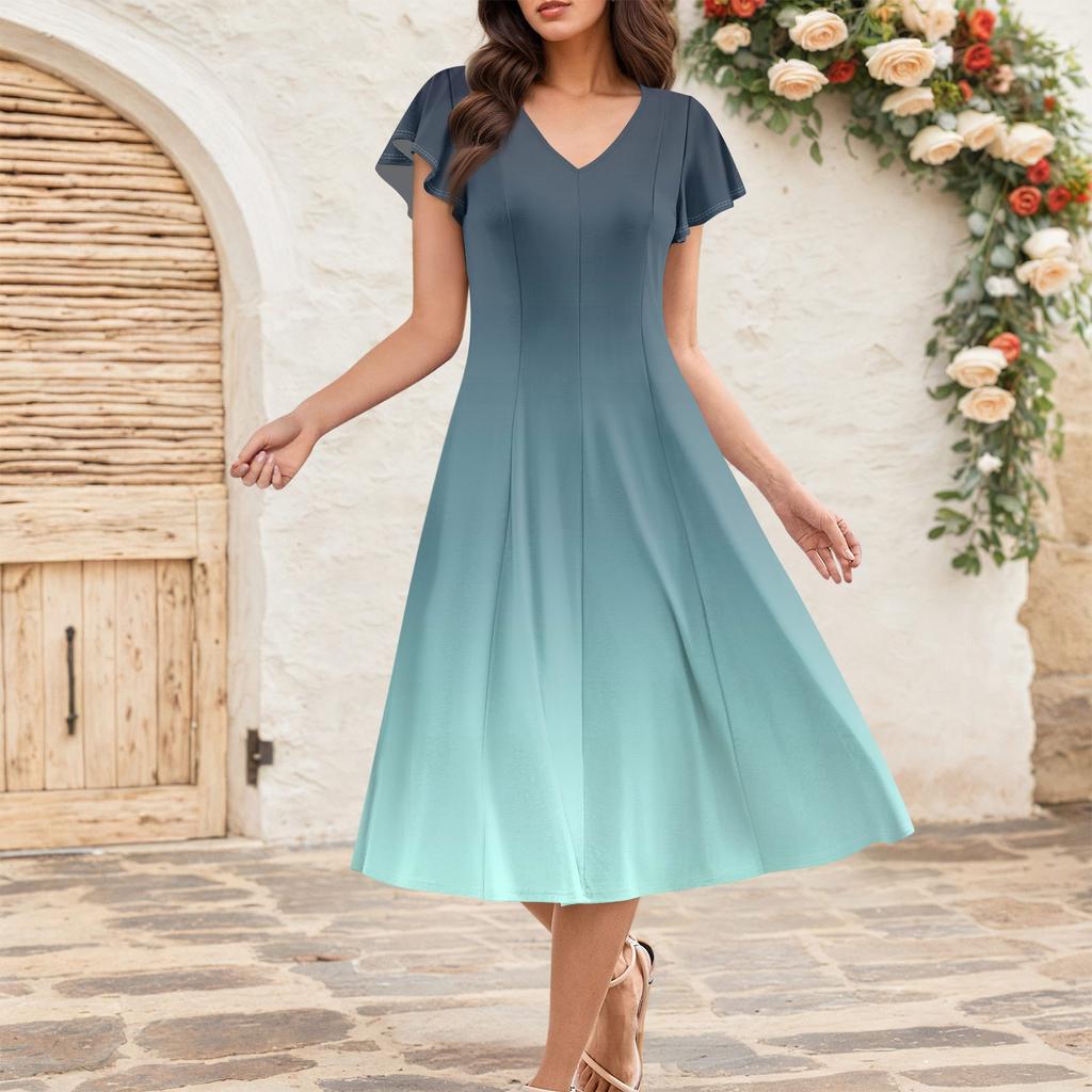 Women's Summer Fashion V-Neck Ruffle Sleeve Retro Elegant Midi Dress