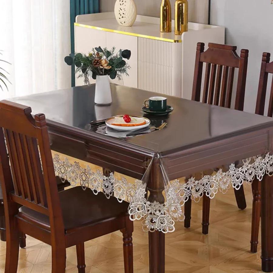 

Transparent Dining Tablecloth PVC Waterproof Embroidery Lace Coffee Tables Cover Rectangular Party Home Decoration Accessories (as the picture,90x90cm square)