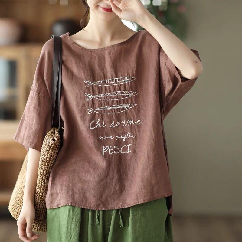 DIMANAF 2026 Summer New Plus Size Women Vintage Embroidery Cotton Linen T-shirt Casual Loose O-Neck Short Sleeve Tops