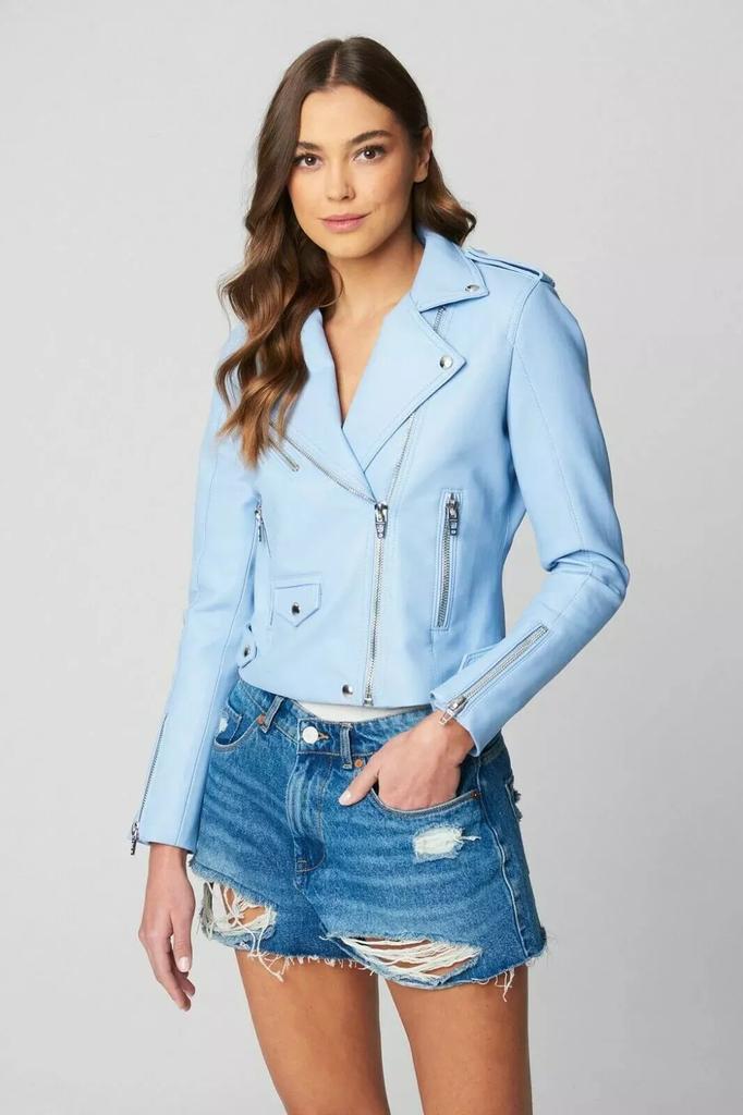 Womens Leather Jacket Stylish Blue Biker Pure Sheepskin Leather Handmade Casual