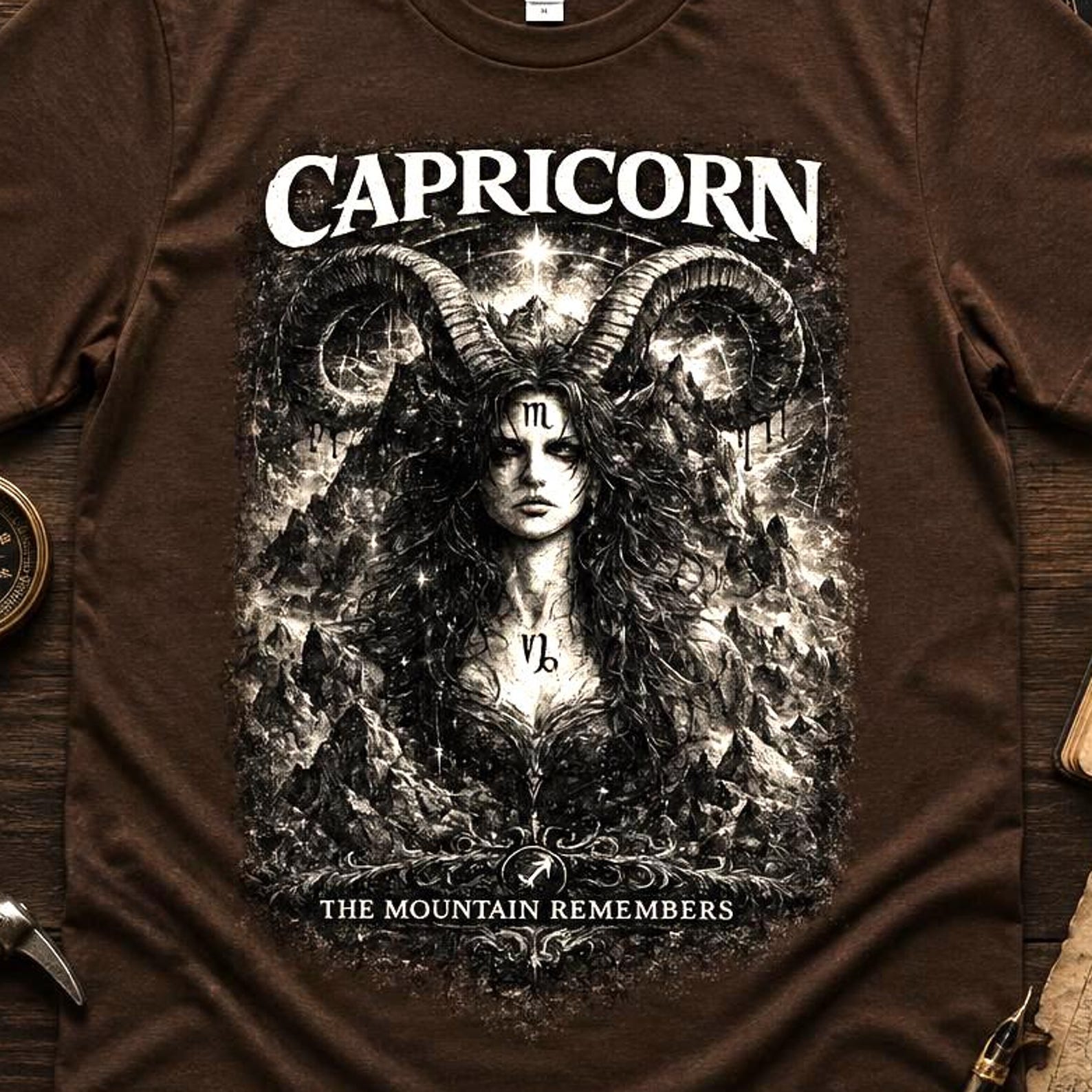 Capricorn Zodiac Shirt, Gothic Astrology Tee | Dark Academia Horoscope T-Shirt, Celestial Capricorn Apparel, Capricorn Gift for Women Men L