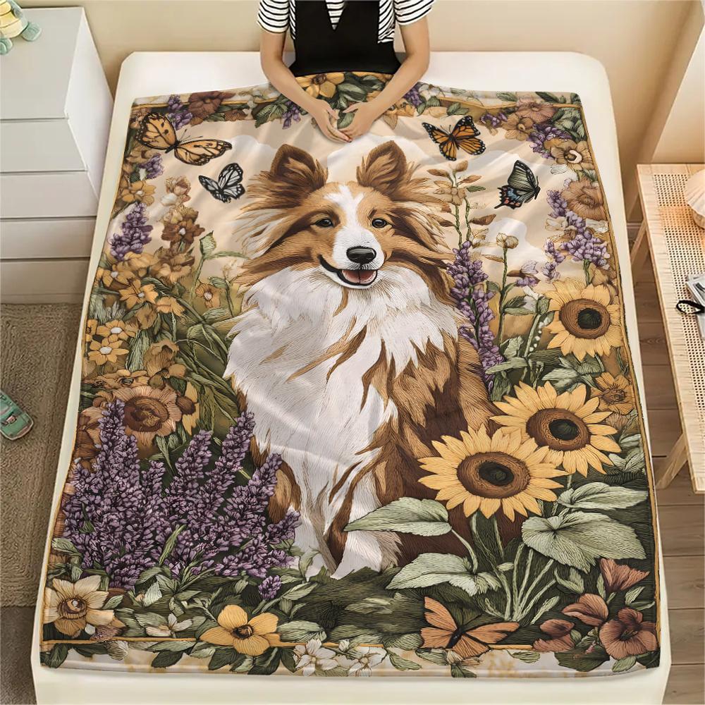 1 Stück Hunde- und Sonnenblumen-Print Flanelldecke, Hohe Qualität, Bequem für alle Jahreszeiten, Heimdekoration, Wärme und Komfort, Perfekt für Weihnachtsgeschenke