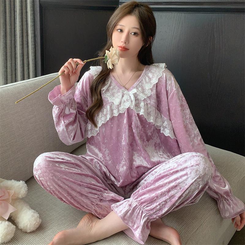 

Женская кружевная пижама в стиле принцессы на осень-зиму, бархатная ночная рубашка, теплая велюровая домашняя одежда с длинными рукавами, комплект из двух предметов, одежда для сна 2XL