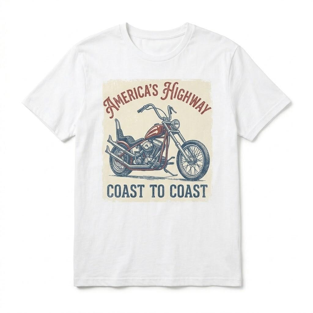 America s Highway Coast To Coast Motorcycle T-Shirt Retro Biker Graphic Tee Men XXXXL