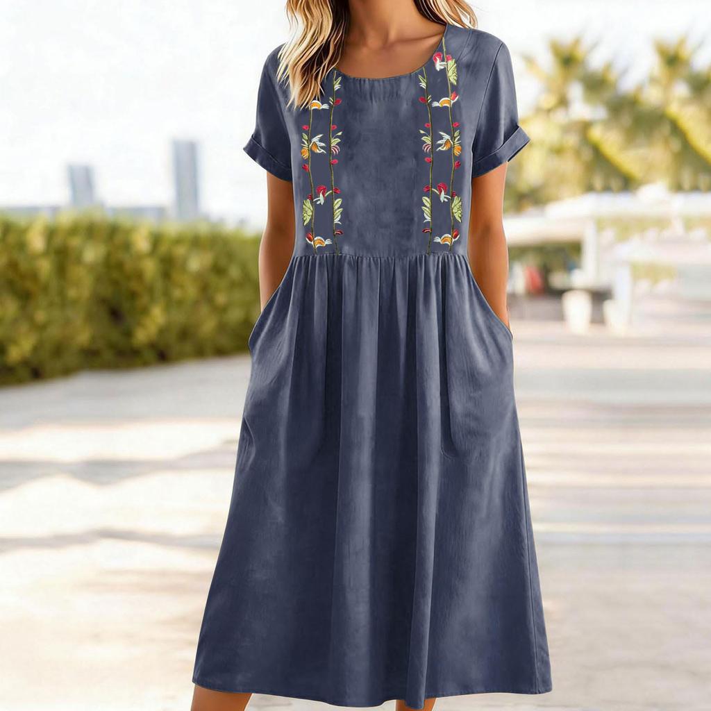 Women’s Short Sleeve Embroidered Midi Dress with Pockets Relaxed Fit Crew Neck Casual Summer Dress for Everyday Wear