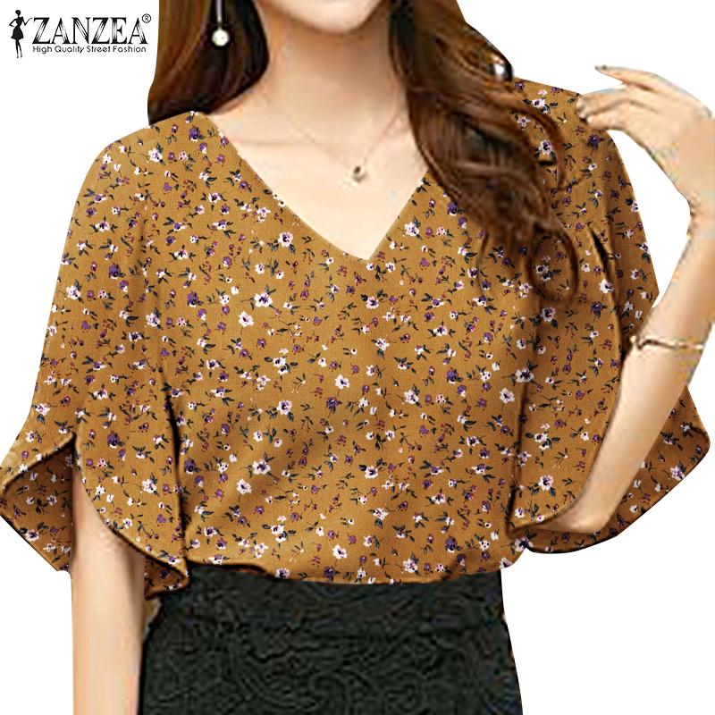 

ZANZEA Женская повседневная летняя блузка с круглым вырезом и коротким рукавом с цветочным принтом
