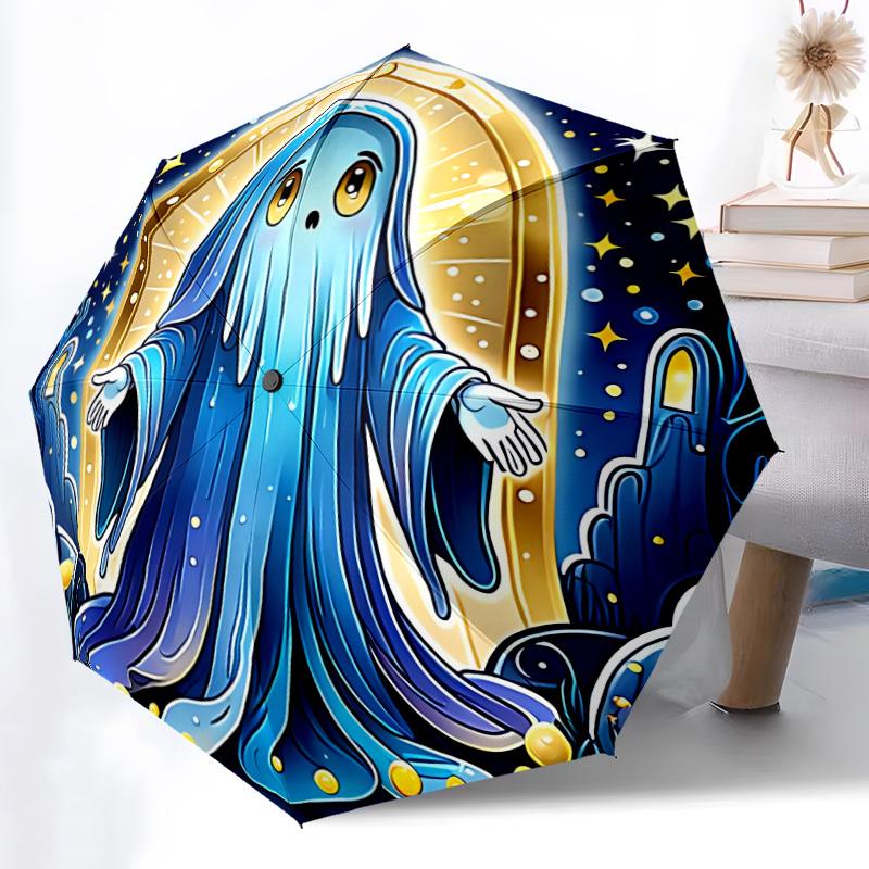 1pc Ghostly Night Automatic Folding Umbrella - Design, Durable Iron Frame for Travel, Outdoor, Beach Fashion Accessory a0920019