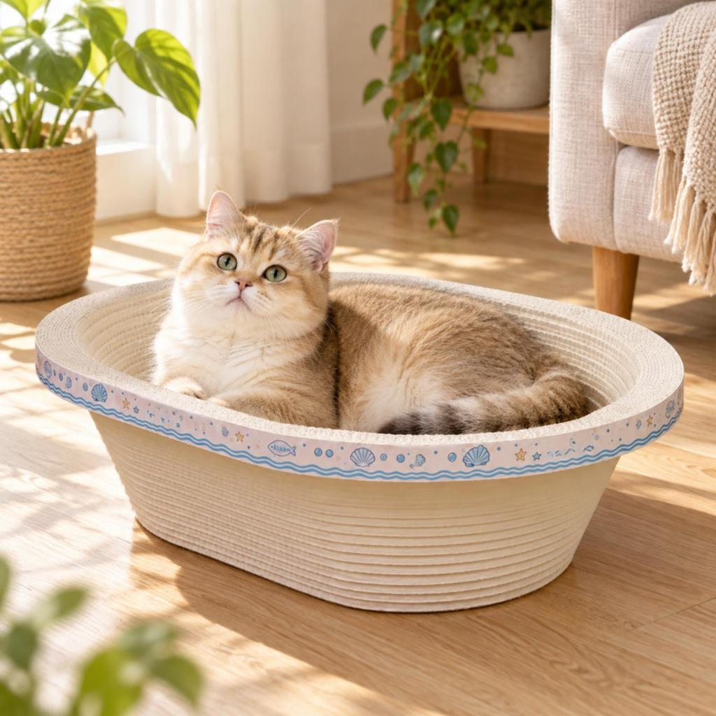 BathtubShaped Cat Scratcher Bed OpenOval Top Cardboard with Indoor for Home Use