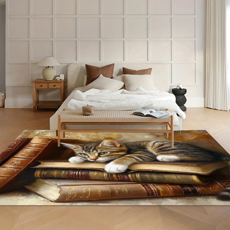 Area Rug Carpet Soft Non Slip Vintage Book Stack Cat Floor Mat for Entryway Bedroom Living Room Kids Room Home Decor Floor Decor