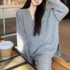DIMANAF 2024 Autumn Women Solid Tops Sweaters V-Neck Knitting Casual Style Loose Sweater