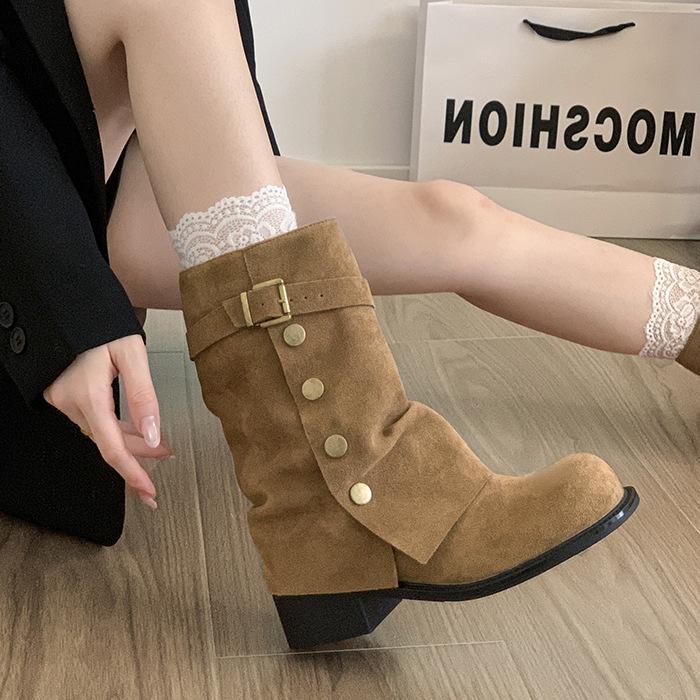 Brown Maillard Style Retro Thick-heeled Boots Children's 2025 New Autumn Skirt with Thin and Heightened Trousers Short Boots