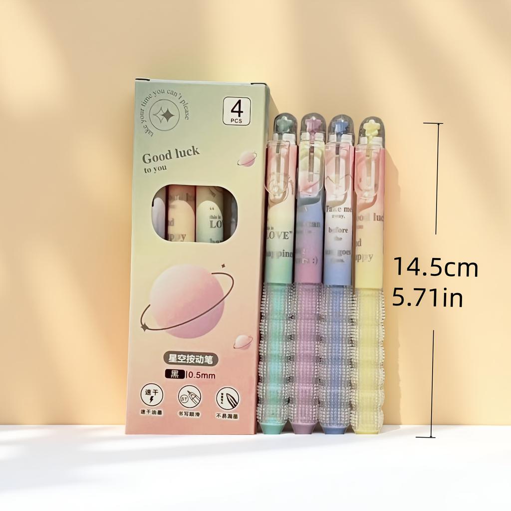 1 Set Gel Pen of Four Star-Shaped Press Pens, Gradient Color Star-Shaped Pen Cap Transparent Pen Clip, Granular Non-Slip Pen Grip Comfortable Grip