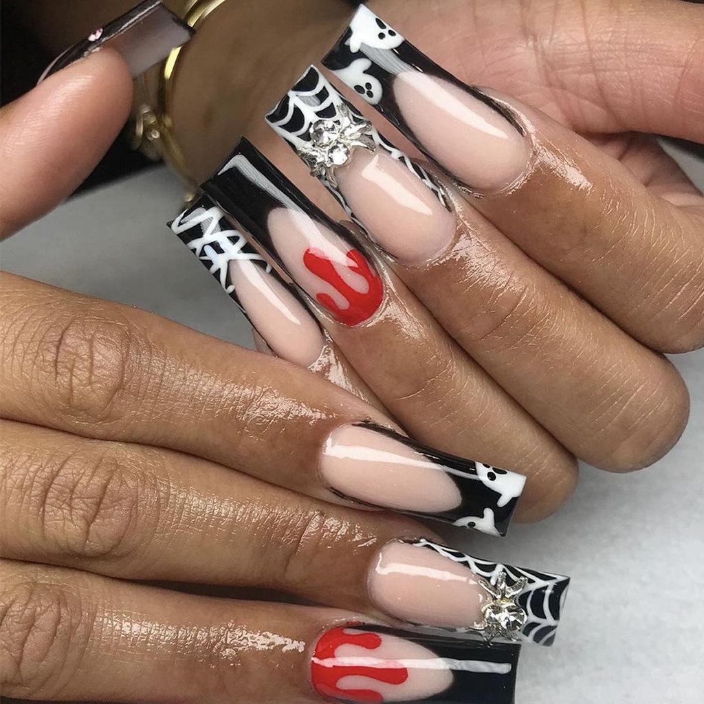 Hot Halloween Wearable Nails: Spiderweb, Heart, Rhinestone, Ghost, Stars & Moon Designs, Removable Fake Nails