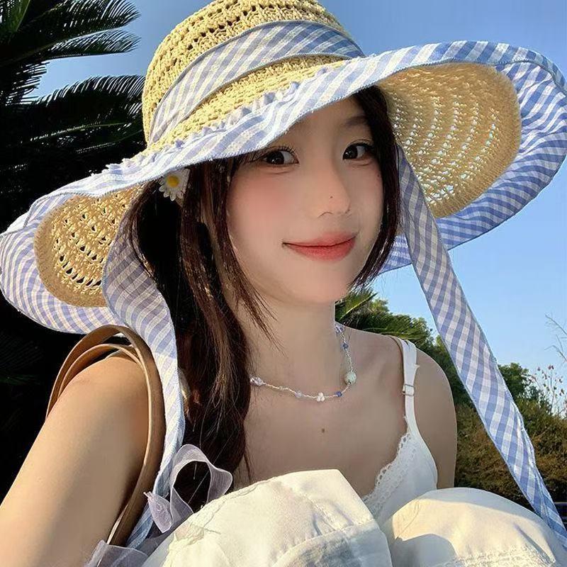 Lace Lace Beach Hat Straw Hat Women's Summer Curled Seaside Hollow Lafite Sun Hat Big Brim