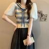 Summer Korean Academy Style Navy Collar Bubble Short Sleeve Slimming Striped Knitted Shirt Top for Women