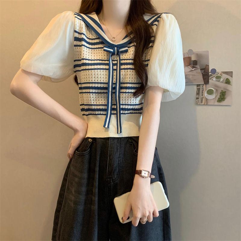 Summer Korean Academy Style Navy Collar Bubble Short Sleeve Slimming Striped Knitted Shirt Top for Women