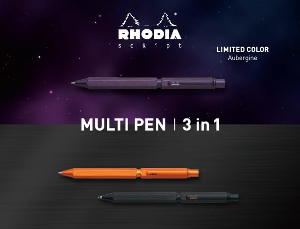 Rhodia Script Limited Edition Multi-Pen Aubergine 0.5mm Oil-Based Ballpoint Pen Black and Red 0.5mm Mechanical Pencil Aluminum Hairline Finish Rotary