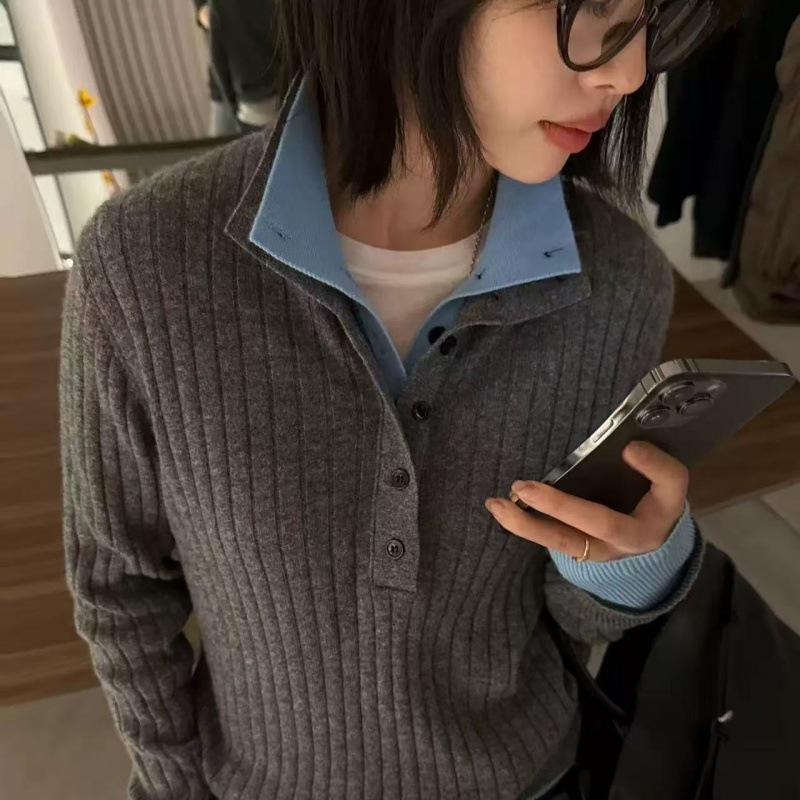 2024 Winter Double-Layer Stand Collar Color Block Wool Knit Shirt with Inner Collar
