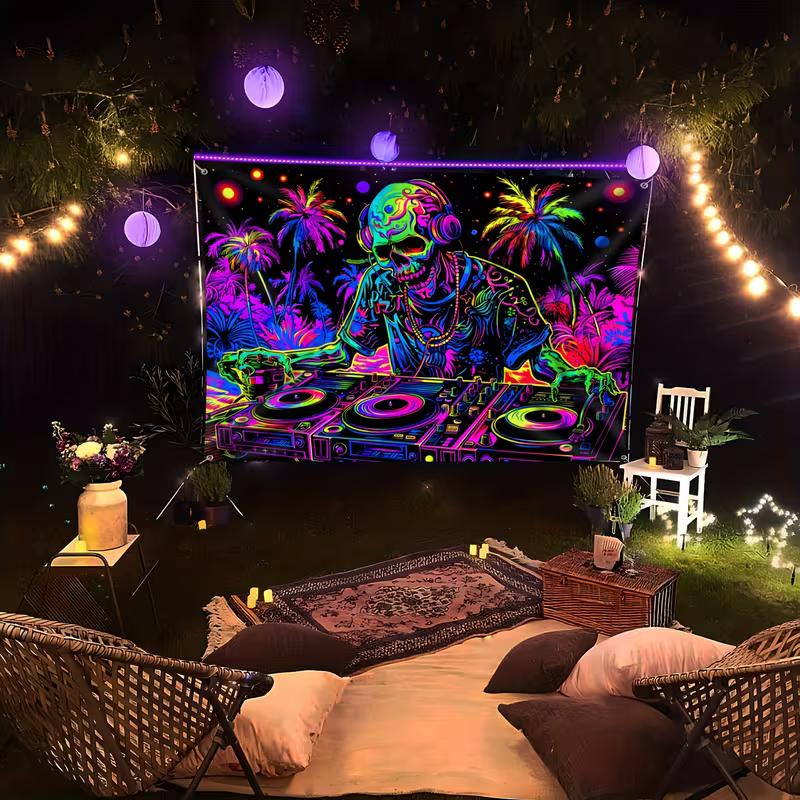 Glow in The Dark Skull DJ Tapestry, Blacklight Party Wall Art with Neon Palm Trees for Bedroom & Club