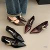 Soft Leather Version~ Pointed Temperament Metal Buckle One-word Strap High Heels, Light Mouth Low Heel Commuting Black Single Shoes Women