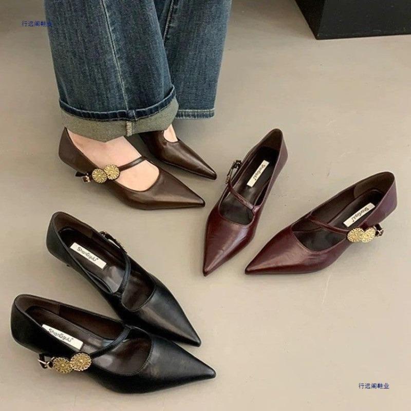 Soft Leather Version~ Pointed Temperament Metal Buckle One-word Strap High Heels, Light Mouth Low Heel Commuting Black Single Shoes Women