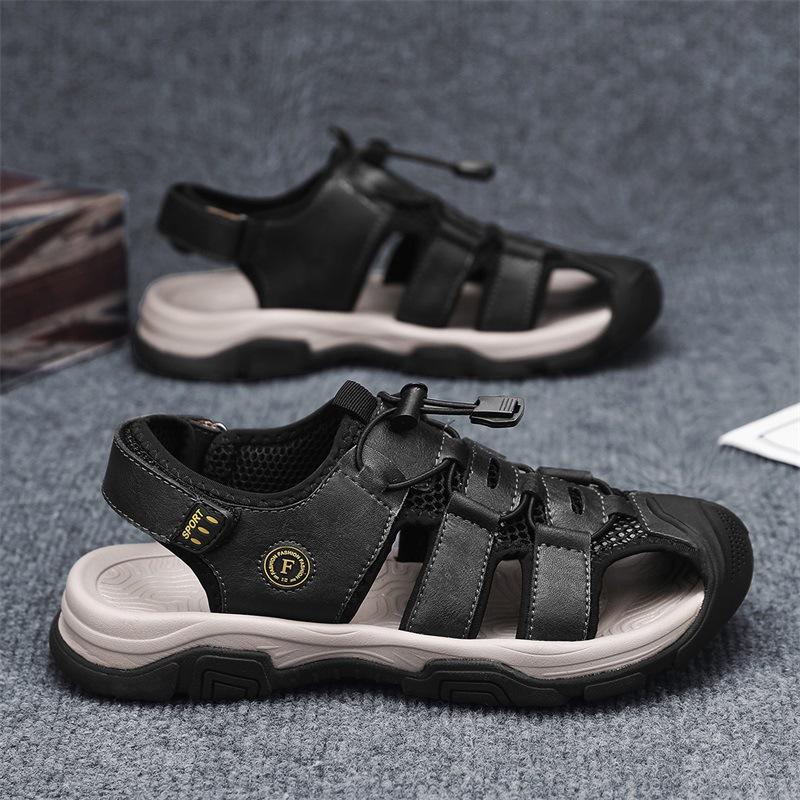 

Leather Men S Beach Shoes Fashionable And Comfortable Elastic Band Outdoor Sports Casual Shoes Breathable Hole Sandals 46 чёрный