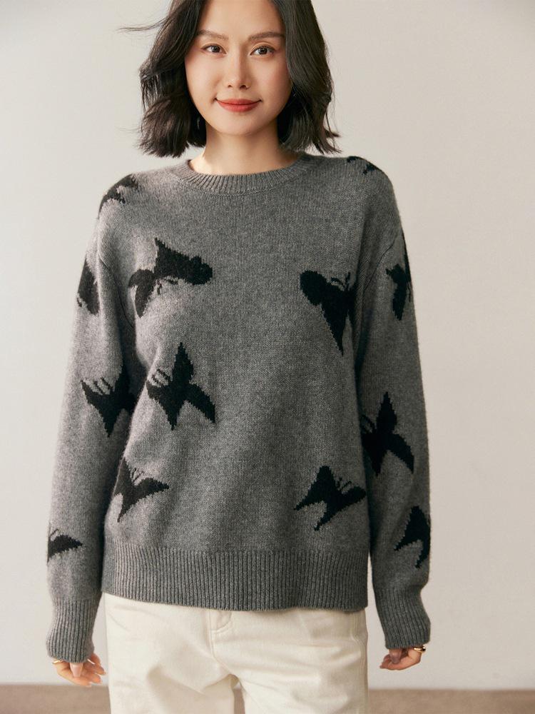Women's Butterfly Cashmere Round Neck Sweater - 2025 Autumn/Winter Loose Slim Fit Knitwear